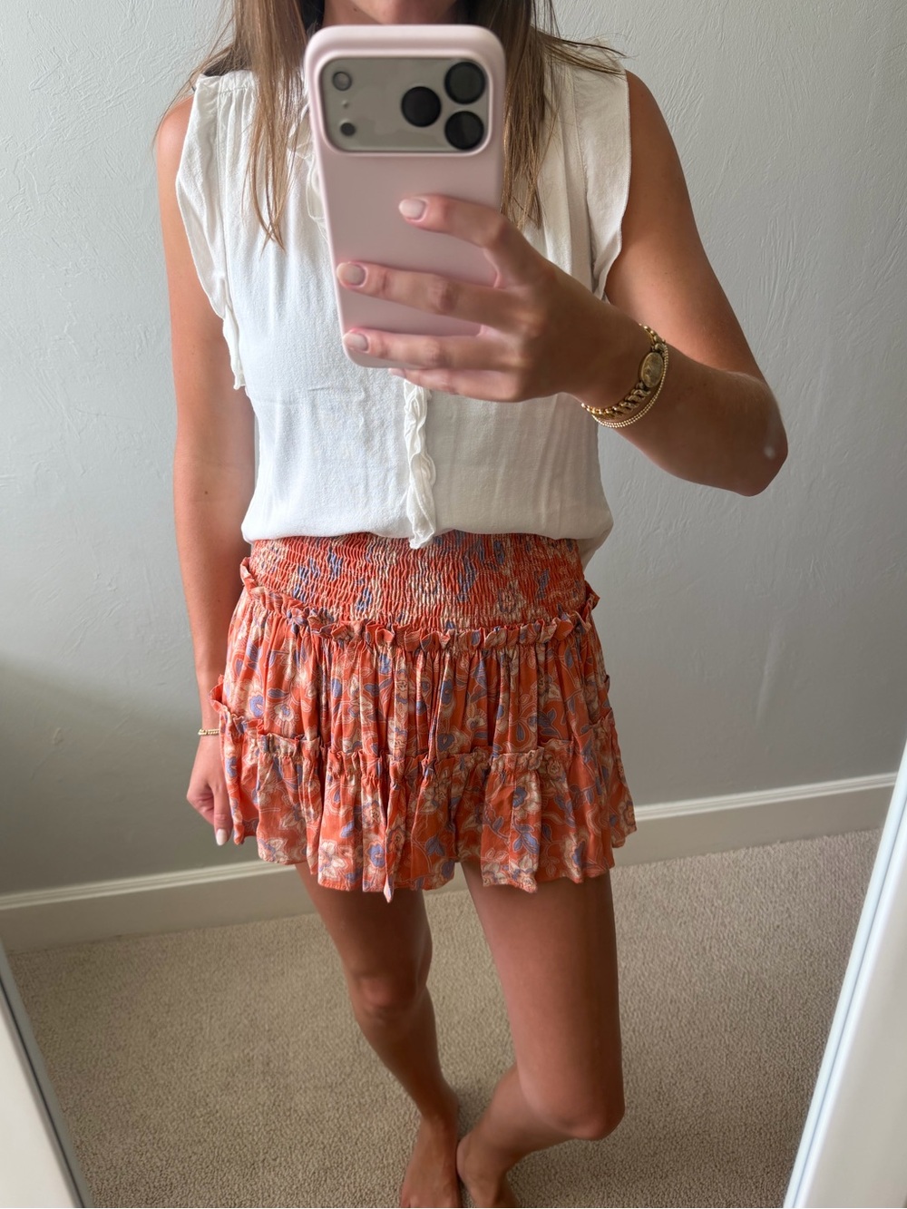 Smocked Orange Paisley Mini Skirt with Tiered Ruffles